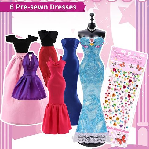 مجموعة مصمم الأزياء من Pllieay للفتيات مجموعة الخياطة مجموعة الفنون والحرف اليدوية الإبداعية مع مجموعة ملابس DIY مع عارضة أزياء، 6 فساتين مقطوعة مسبقًا، 11 إكسسوارات من القماش والدمى للفتيات والأطفال هدية عيد ميلاد in Kuwait