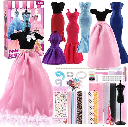 مجموعة مصمم الأزياء من Pllieay للفتيات مجموعة الخياطة مجموعة الفنون والحرف اليدوية الإبداعية مع مجموعة ملابس DIY مع عارضة أزياء، 6 فساتين مقطوعة مسبقًا، 11 إكسسوارات من القماش والدمى للفتيات والأطفال هدية عيد ميلاد in Kuwait