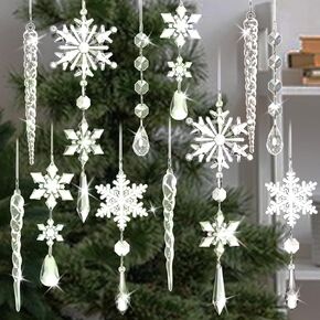 20 Pack Crystal Christmas Ornaments for Tree Decorations, Magicsky Acrylic Snowflake & Icicle & Drop Pendants for Winter Wonderland Santa, Hanging Ornament for Xmas New Year Party DIY Décor Supplies