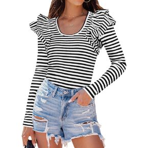 ZESICA Womens Ruffle Long Sleeve Scoop Neck Shirt Striped Slim Fitted Casual Basic Tee Tops 2024 Trendy Fall Clothes