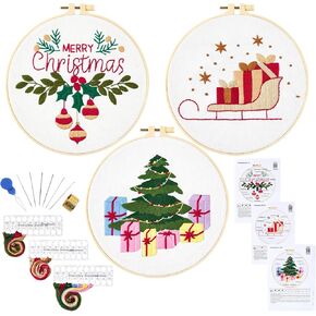 Merry Christmas Embroidery Kits for Beginners Adults, Christmas Stamped Cross Stitch Kits for Beginners Adults, Hand Embroidery Needlepoint Starter Kits, 3 Embroidery Hoops (Attached Video Tutorial)