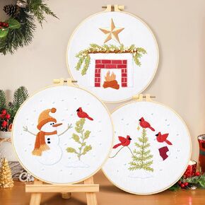Crafmanoe Christmas Embroidery Kit for Beginners Adults, Christmas Stamped Cross Stitch Kits for Beginner Adults, Winter Hand Embroidery Needlepoint Starter Kit, 3 Set Embroidery Hoop & Video Tutorial