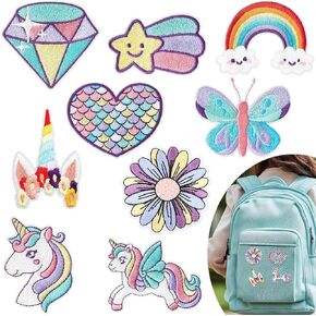 Dreamy Unicorn Iron on Patches, Cute Rainbow Star Heart Butterfly Diamond Sew on Embroidered Applique Repair Embroidery Patch DIY Craft for Girls Clothing Backpack Hat (9 pcs)