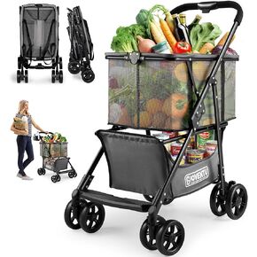 𝐍𝐞𝐰𝐥𝐲 𝐔𝐩𝐠𝐫𝐚𝐝𝐞𝐝 Folding Shopping Cart, 80lbs Collapsible Grocery cart with Removable Basket and 360° Swivel Wheels, Single-hand Fold, Portable Personal Stroller Shopping Cart for Groceries