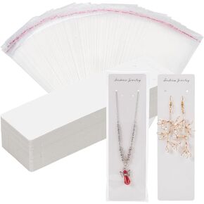 PH PandaHall 100pcs Long Necklace Display Cards with 100pcs Clear Self Adhesive Bags, 8x2.3 Inch White Jewelry Display Cards Paper Hanging Cards Necklace Holder Craft Organizers Packaging for Business
