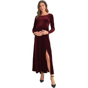 Womens Velvet Round Neck Long Sleeve Side Slit Maternity Maxi Dress
