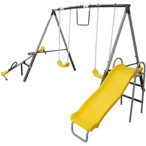 XDP Recreation The Titan Outdoor Backyard Toddler Playground Swing Set with Slide, 2 Swings, See-Saw, and Trapeze for Kids Ages 3 to 8 Years
