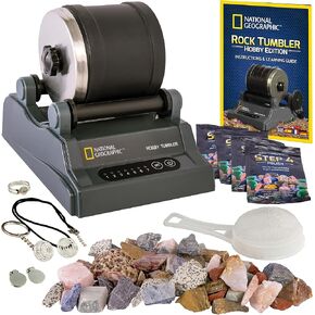 National Geographic Hobby Rock Tumbler Kit - Rock Polisher for Kids & Adults, Noise-Reduced Barrel, Grit, 2.5 Pounds Raw Gemstone & Jasper Mix, Great STEM Hobby Kit