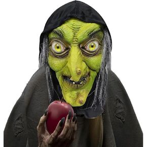 Old Lady Evil Mask, Witch Mask with Wig Scarf, Scary Latex Green Facee Mask Dressing Up Women Men Halloween Party Realistic Old Face Masks Party Props Outdoor Garden Yard Decor