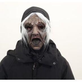 Halloween Old Lady Mask, Black Face, Pale Hair, Headscarf, Hollow Eyes Mens' masquerade Party decor