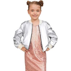 Perfashion Metallic Bomber Jacket for Girls Zip Up Cropped Jacket Sparkly Lightweight Coat Windbreaker with Pockets