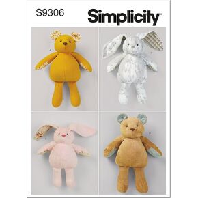 Simplicity Plush Bunnies and Bear Packet, Code 9306 Sewing Pattern, One Size, White