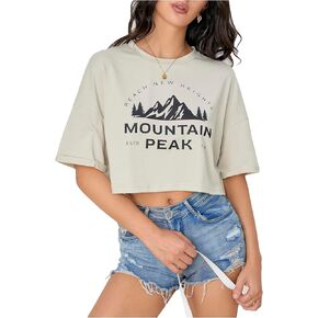 SweatyRocks Women's Letter Graphic Print Streetwear Tops Summer Half Sleeve Crop Loose Casual Tee Shirts