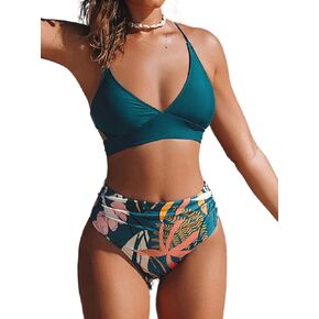 popvil High Waisted Bikini Sets for Women Tummy Control Swimsuits Sexy V Neck Two Piece Bathing Suit with Ruched Bottoms