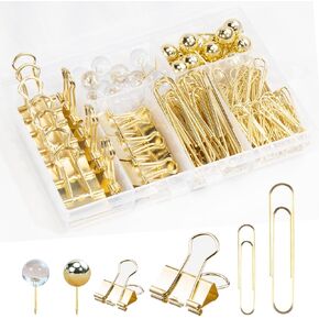 Gold Paper Clips Binder Clips Set,160Pcs Gold Office Supplies and Accessories with Gold Paperclips & Large Small Paper Binder Clips Push Pins for Home, School, Office Supplies,Desk Accessory