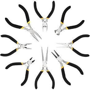 8Pcs 4.5 Inch Mini Pliers Set,Long Nose Pliers,Diagonal Pliers,End Cutting Pliers,Bent Nose Pliers,Combination Pliers,Flat Nose Pliers,Needle Nose Pliers,Round Nose Pliers for Jewelry Making