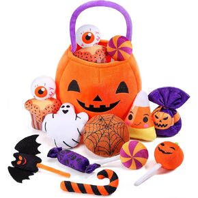 11 Pcs Halloween Pumpkin Set Halloween Plush Toys Stuffed Pumpkin Plush Ghost Candy Corn Bat Pumpkin Baskets Halloween with Handles for Halloween Party Decoration Gift Bag