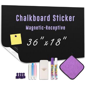 Magnetic Chalkboard Wallpaper Stick and Peel 36" x 18", Self-Adhesive Chalkboard Contact Paper with Chalk Markers, Magnets, Pen Holder & Rag - Ideal for Kids' Playrooms, Home Offices, and Classrooms