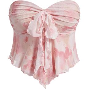 Floerns Girl's Tie Dye Sleeveless Bandeau Mesh Bowknot Hanky Hem Boho Tube Top