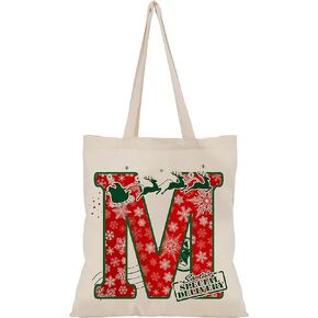 Christmas Initial Canvas Gift Bag for Women & Men - Large Christma Tote Bags for Xmas Gifts - Reusable Shoulder Bag for Party