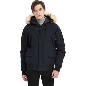 PUREMSX Mens Bomber Jacket, Unisex Winter Thick Vegan Down Flight Jacket Removable Fur Hooded Windbreaker Coat