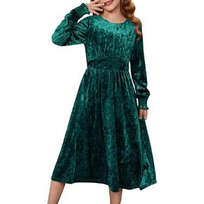 GRACE KARIN Girls Long Sleeve Velvet Dress Midi Fall Vintage Party Holiday Dresses for Kids 5-12Y