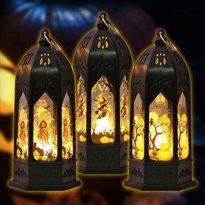 Halloween Lanterns Pumpkin Witch Decorations 2 Pack, Battery Operated Flickering Light, Indoor Party Decor for Halloween Table Centerpieces