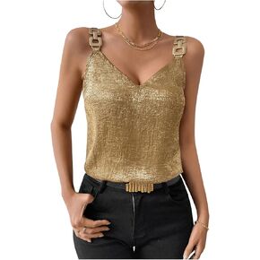 Women's Sequin Tops Metal Chain Strap V Neck Tank Tops Sparkly Sleeveless Camisole Tops