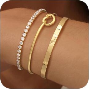 Gold Bracelets for Women Trendy, 14K Gold Cuff Bracelets for Women Stackable Tennis Bracelets for Women Non Tarnish Bracelet Set Gold Jewelry for Women