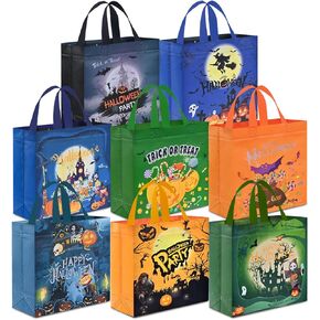 AhfuLife 8 Pcs Halloween Trick or Treat Bags, Halloween Candy Tote Bags with Handles, Reusable Halloween Non-Woven Gift Bags for Halloween Party Supplies Favors (7.8×7.8×3.1’’)