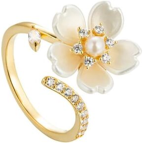Kokoma Pearl Flower Open Statement Ring for Women Cubic Zirconia Leaf Wrap Finger Band Engagement Promise Ring Wedding Band Dainty Jewelry Gift
