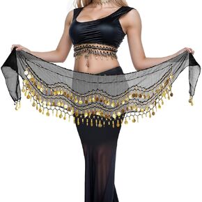 Women Belly Dance Hip Scarf with Sequins Coins, Belly Dancing Skirts Wrap for Bellydance Zumba Halloween Performance Costume Black