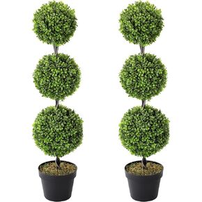 2 Pack 3Ft Artificial Boxwood Topiary Tree,Faux Topiary Ball Trees for Front Door Porch Decor Lifelike Fake Plant Greenery Arrangements with Black Pots for Home Office Decor-White Flower