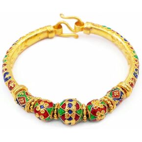 Thai Gold Bracelet Bangle Enamel Sukhothai Style Thai Baht Yellow Gold Plated 6 inch