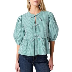 Women Y2K Peplum Shirt Puff Sleeve Tie Front Top Blouse Going Out Babydoll Crop Top Summer