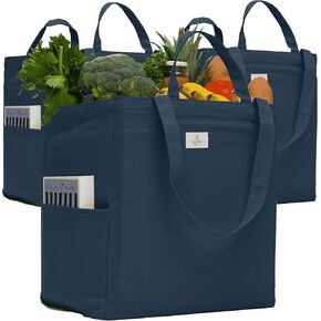 Nook Theory Heavy Duty Reusable Grocery Bags - 100% Cotton 12Oz Canvas Grocery Bags with Handles, Large Kitchen Grocery Bags, Reusable Shopping Bags for Groceries, Foldable Tote Bag (Khaki)