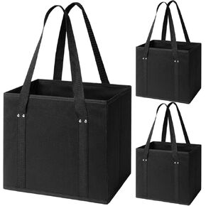 3 Pack Black Reusable Shopping Bags, 13x10x11 Shopping Bags with Handles, Durable Reusable Grocery Bags, Large Shopping Bags and Foldable, Kitchen Reusable Grocery, Grocery Tote Bag