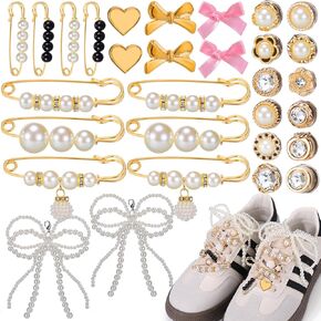 Charms for Shoe Socks 30pcs Pearl Bow Brooch Pins Shoe Charms for Sneakers Shoelace Junk Socks Charms Kit Bulk for Womens Shoes DIY Decorations
