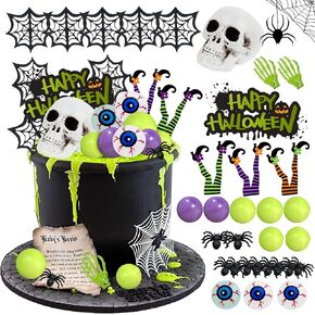 Halloween Cake Toppers Skull Head Spider Webs Eyeballs Green and Purple Balls for Trick-or-Treat Halloween Party Supplies