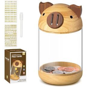 hizgo Wooden Piggy Bank for Kids Adults, Clear Savings Jar for Boys and Girls, Unbreakable Money Coin Bank for Kids Birthday