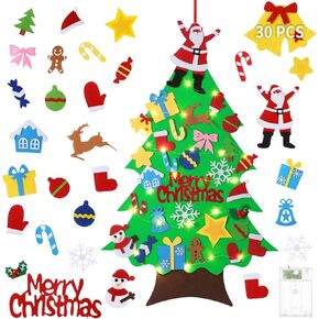 TOBEHIGHER DIY Felt Christmas Tree 3.0ft with 30 Detachable Decorations, Christmas Decorations with String Light (Batteries Not Included), Wall Hanging Christmas Gifts