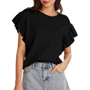 Pink Queen Women's Crew Neck Ruffle Edge Sleeves Loose Oversized Knit Pullover Sweater Jumper Tops Summer Fall Winter