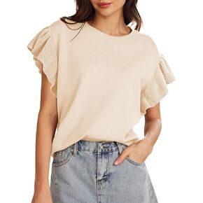 Pink Queen Women's Crew Neck Ruffle Edge Sleeves Loose Oversized Knit Pullover Sweater Jumper Tops Summer Fall Winter in Saudi Arabia