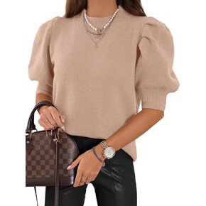 ATHMILE Women's Puff Short Sleeve Sweater Tops 2024 Spring Summer Trendy Crew Neck Casual T Shirts Blouses