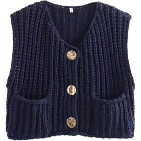 Sumleno Womens Trendy Knit Sweater Vest Solid Button Down Chunky Sleeveless Crochet Cardigan Y2k Crop Tank Tops Streetwear