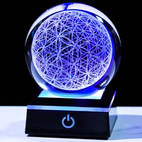 YWHL 3D Flower of Life Crystal Ball with Colorful LED Base, Chakra Healing Grid Flower Globe for Spiritual Decor, Laser Engraved Seek of Flower Inside A Sphere Sacred Geometry Starlight Magic
