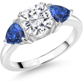 Gem Stone King 925 Sterling Silver White Moissanite and Blue Created Sapphire 3 Stone Engagement Ring For Women (2.78 Cttw, Gemstone Birthstone, Available In Size 5, 6, 7, 8, 9)