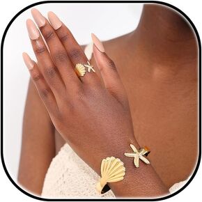 Starfish Seashell Ring Arm Cuff 18k Gold Plated Starfish Shell Arm Bangle Adjustable Open Armlets Ring Summer Beach Ocean Jewelry