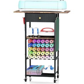 Rolling Craft Table with Storage with 30 Vinyl Roll Holder and Drawer, Craft Storage Cart Compatible with Cricut Machines, Craft Storage Cabinet Organizer Workstation for Craft Room Home (Black)