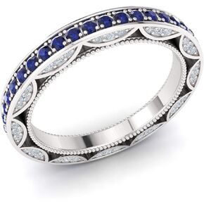 Diamondere Natural and Certified Diamond and Sapphire Wedding Ring in 10K White Gold | 0.83 Carat Vintage Wedding Band for Women, US Size 4 to 8